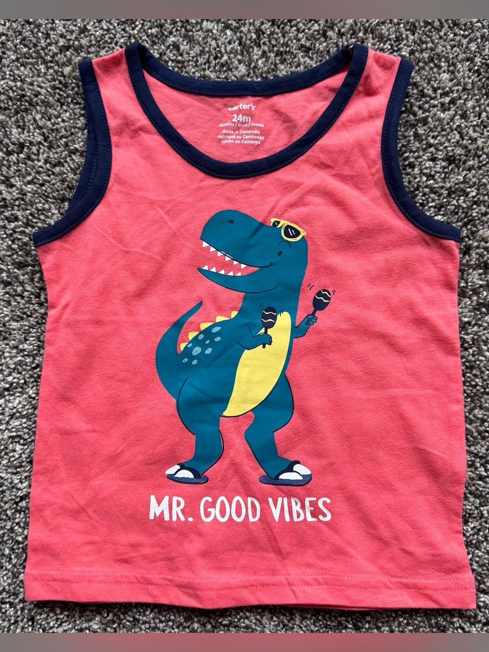 Carter's Coral Tank Top with Navy Trim and Teal Dino Graphic